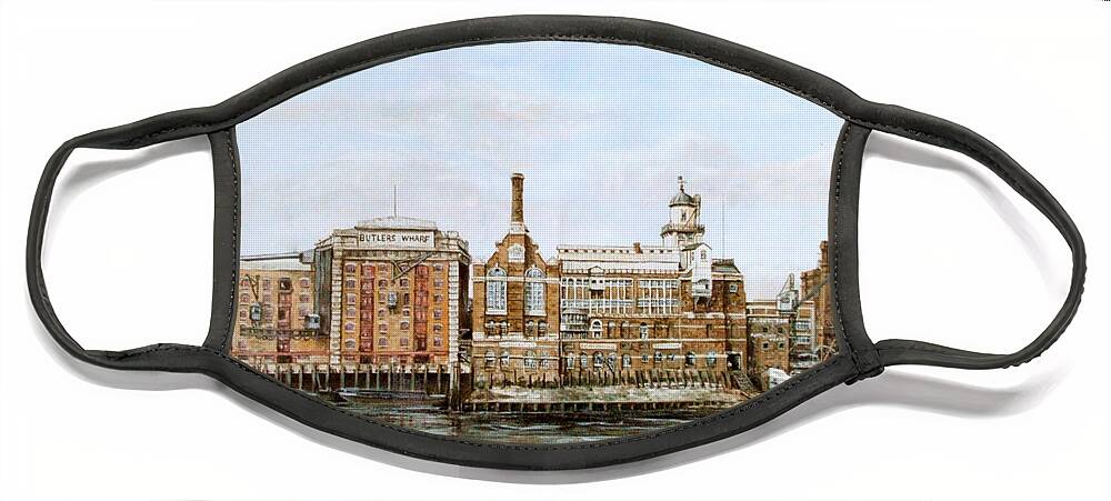 Butlers Wharf Face Mask featuring the painting Butlers Wharf and Courage's Brewery by Mackenzie Moulton