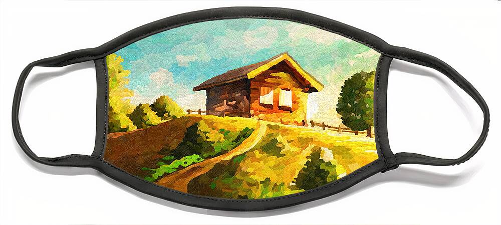 Green Face Mask featuring the painting Cabin on Hill by Anthony Mwangi