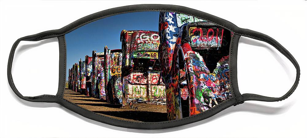 Amarillo Face Mask featuring the photograph Cadillac Ranch by Lana Trussell