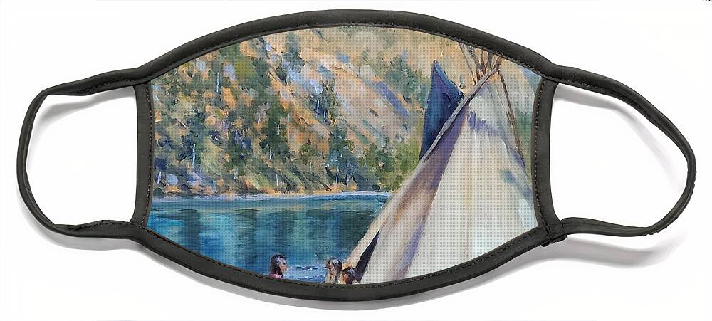 Tipi Face Mask featuring the painting Camp by the Lake by Connie Schaertl