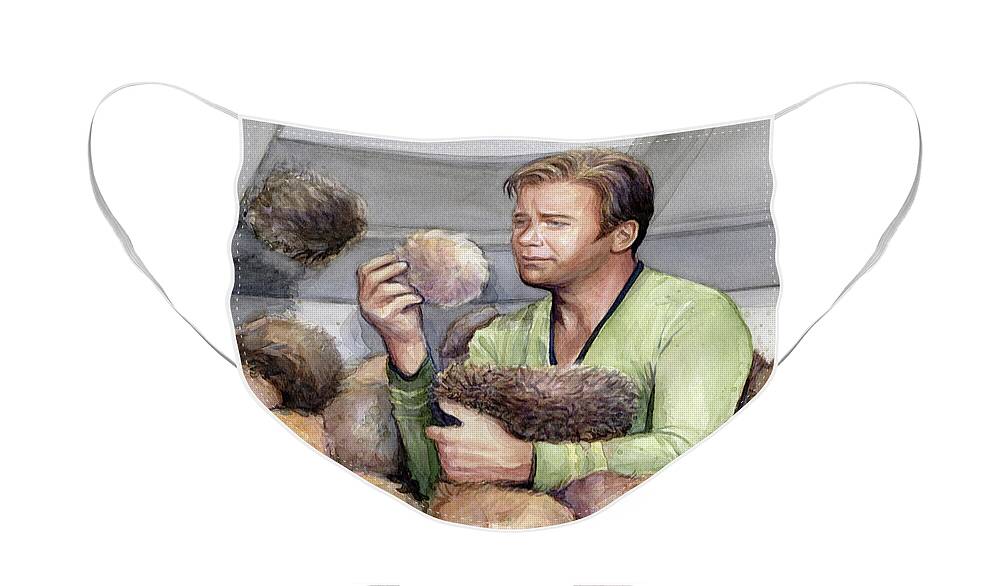 Star Trek Face Mask featuring the painting Captain Kirk and Tribbles by Olga Shvartsur
