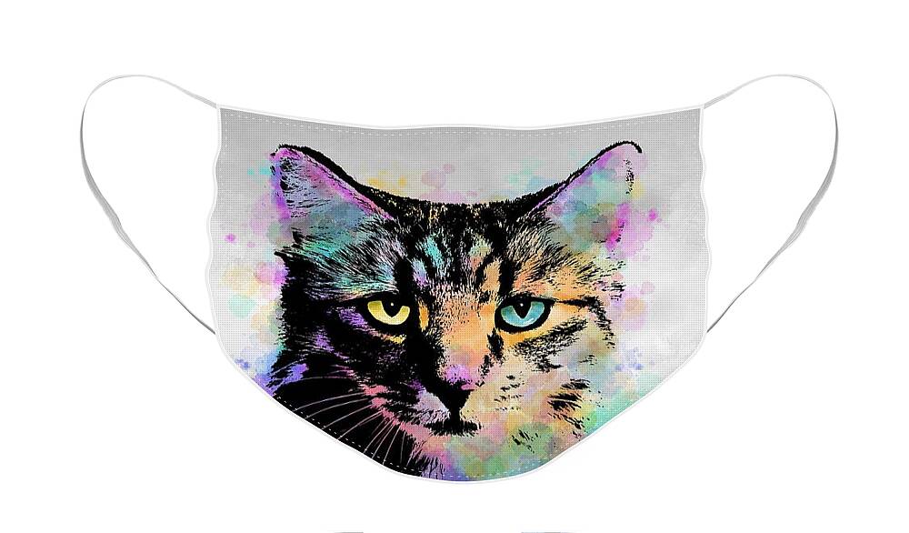 Cat Face Mask featuring the painting Cat 618 with gray background by Lucie Dumas