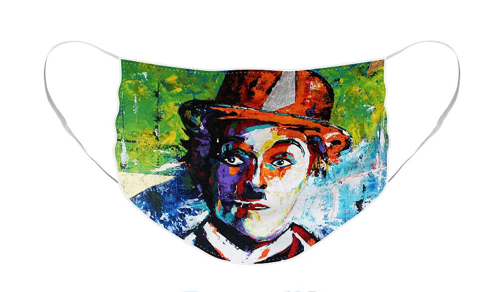 Home Design Face Mask featuring the painting CHARLIE CHAPLIN Gold by Kathleen Artist PRO