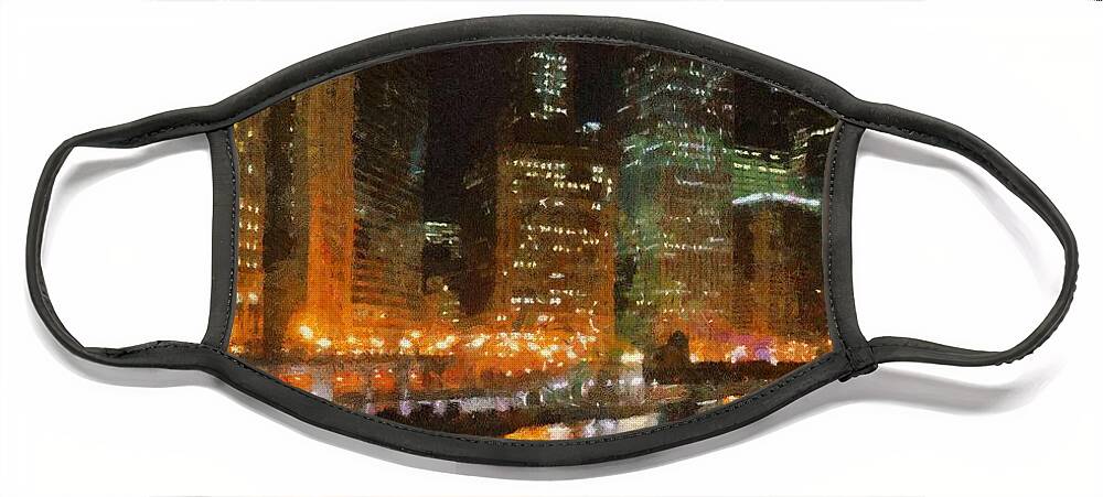 Chicago Face Mask featuring the painting Chicago at Night by Jeffrey Kolker