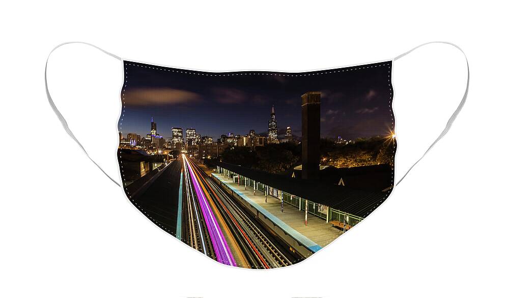 Chicago Face Mask featuring the photograph Chicago skyline and train lights by Sven Brogren