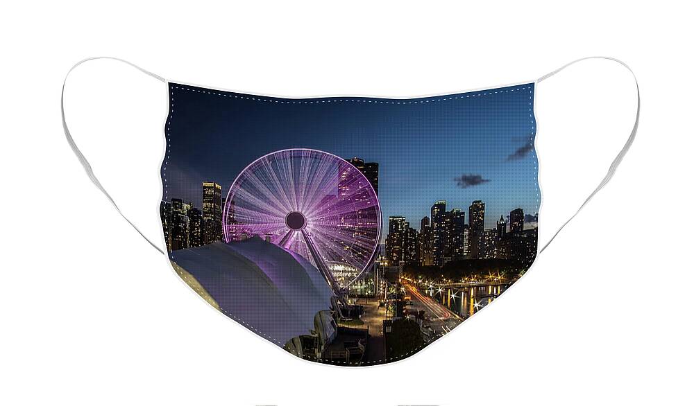 Navy Pier Face Mask featuring the photograph Chicago Skyline with new ferris wheel at dusk by Sven Brogren