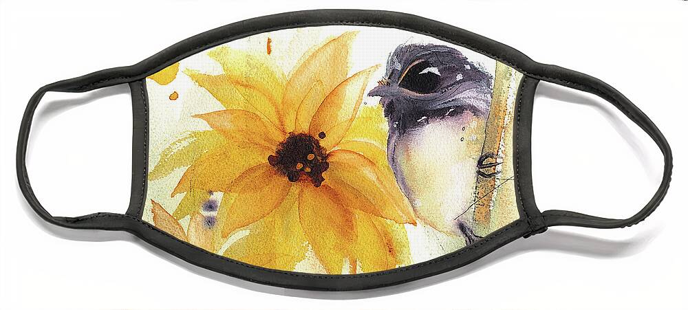 Watercolor Face Mask featuring the painting Chickadee and Sunflowers by Dawn Derman