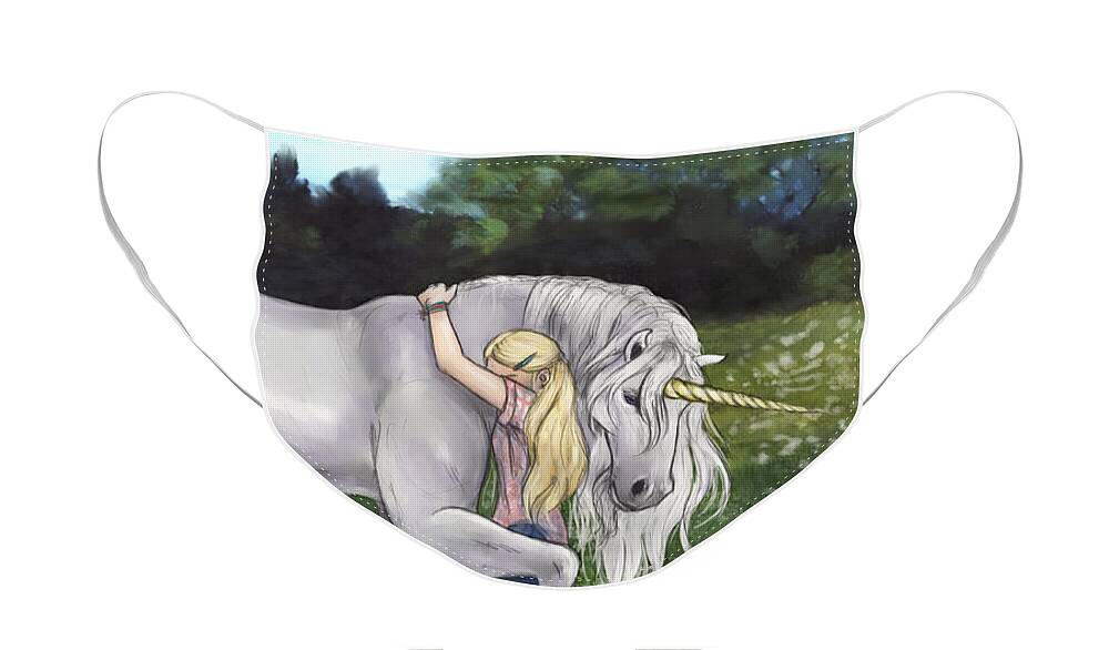 Landscape Face Mask featuring the drawing Chloe and the Unicorn - Finding Innocence by Brandy Woods