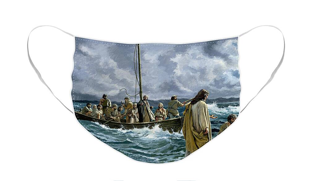 Christ Face Mask featuring the painting Christ walking on the Sea of Galilee by English School