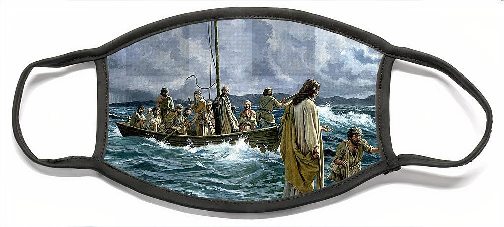 Christ Face Mask featuring the painting Christ walking on the Sea of Galilee by English School