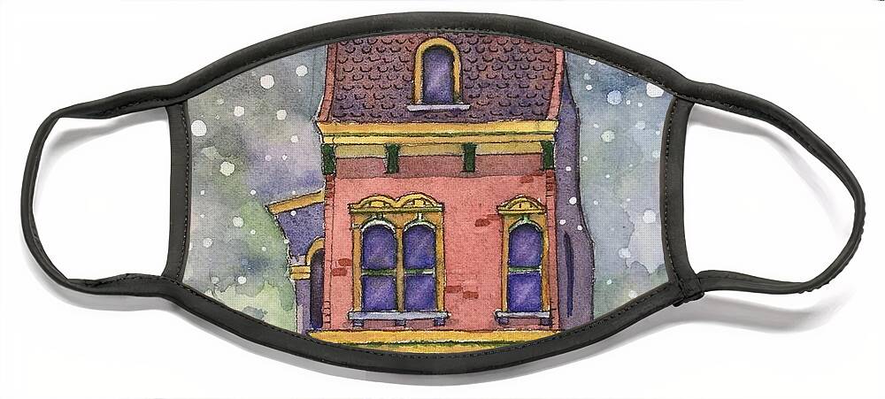 Watercolor Christmas Card Face Mask featuring the painting Christmas on North Hill by Rebecca Matthews