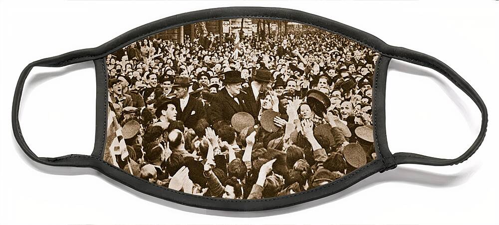 Churchill Face Mask featuring the photograph Churchill mobbed in Whitehall on VE Day by English School