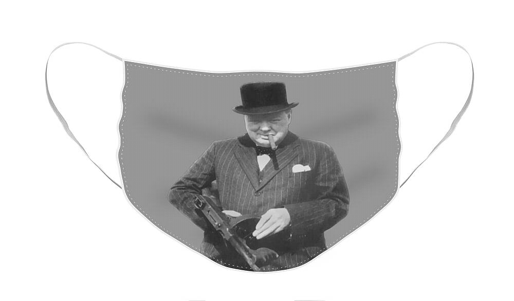Winston Churchill Face Mask featuring the painting Churchill Posing With A Tommy Gun by War Is Hell Store