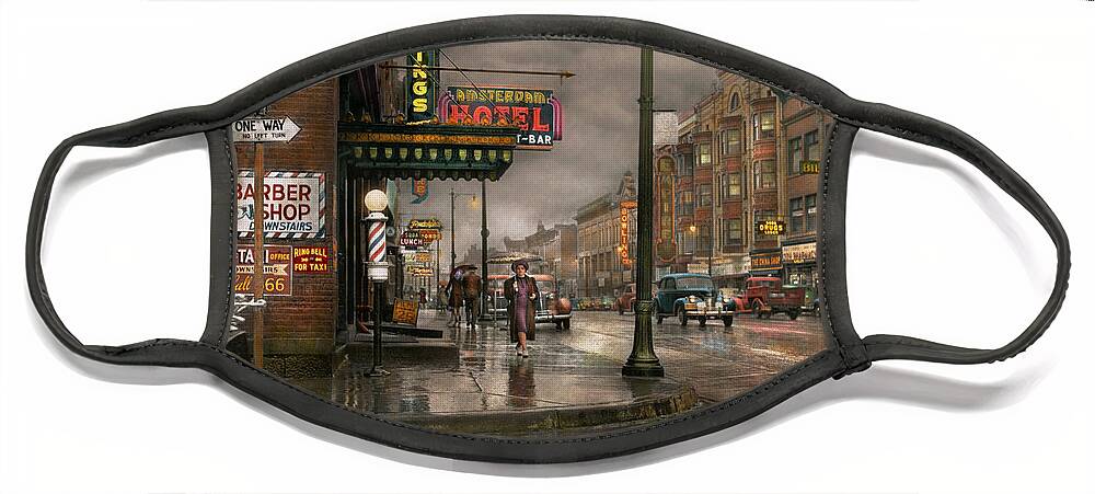 Colorized Face Mask featuring the photograph City - Amsterdam NY - Call 666 for Taxi 1941 by Mike Savad