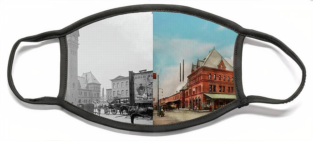 South Plymouth Face Mask featuring the photograph City - Chicago Ill - Dearborn Station 1910 - Side by Side by Mike Savad
