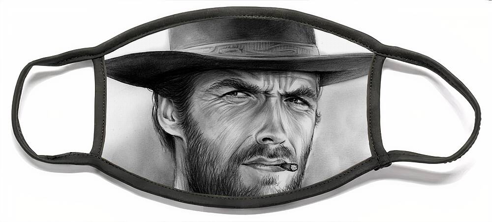 Clint Eastwood Face Mask featuring the drawing Clint by Greg Joens