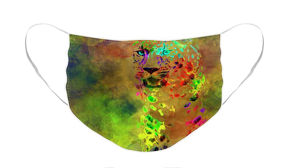 Colored Leopard Face Mask featuring the mixed media Colored Leopard by David Millenheft