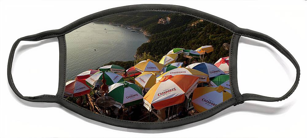 Adults Face Mask featuring the photograph Colorful Lake Travis Restaurant overlooks Hippie Hollow by Dan Herron