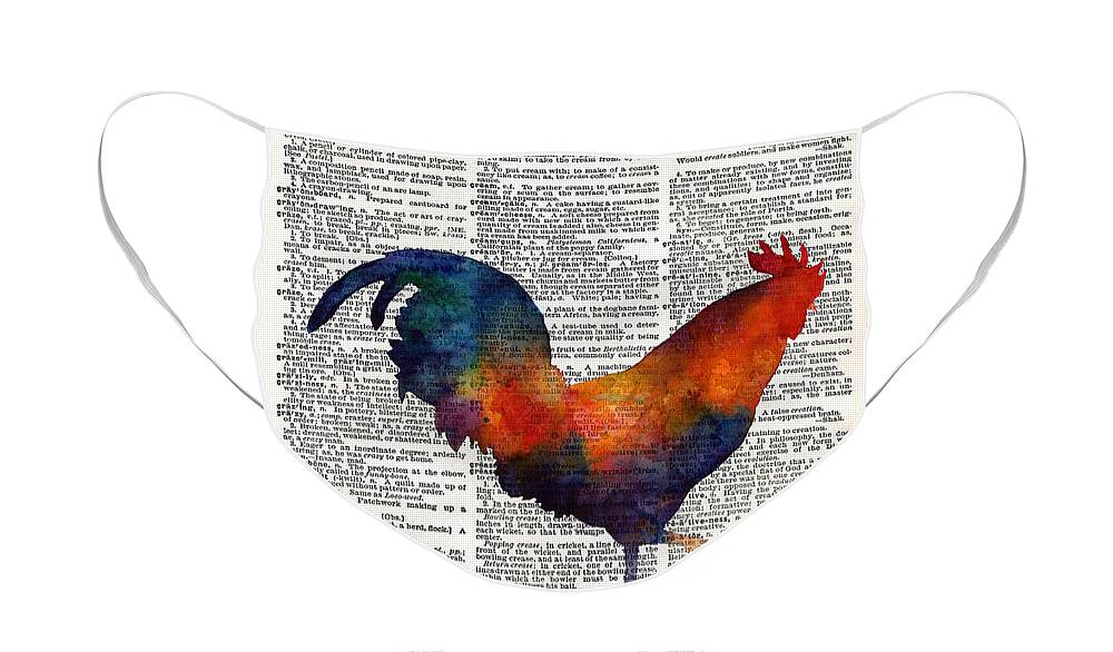 Rooster Face Mask featuring the painting Colorful Rooster on Vintage Dictionary by Hailey E Herrera