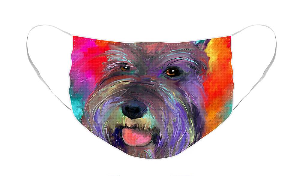 Schnauzer Dog Face Mask featuring the painting Colorful Schnauzer dog portrait print by Svetlana Novikova
