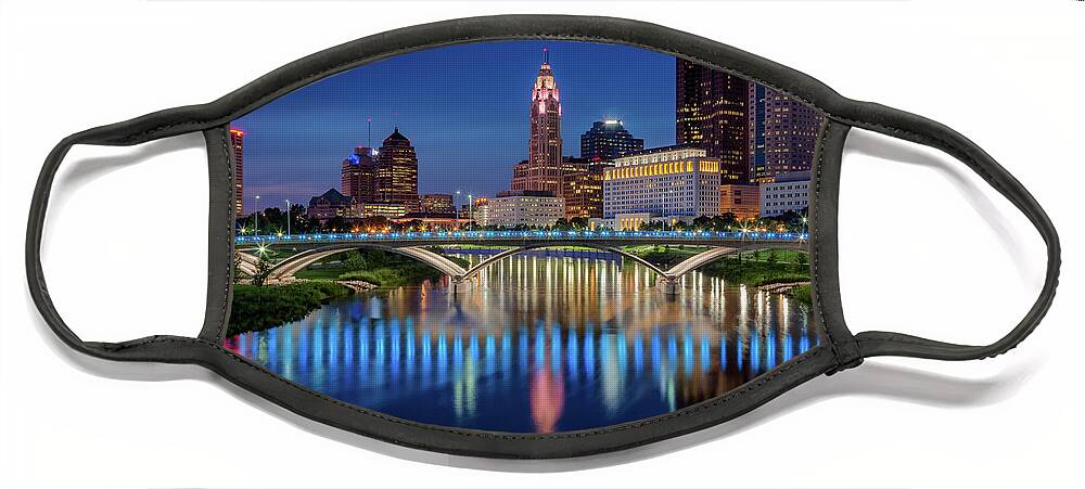 3scape Face Mask featuring the photograph Columbus Ohio Skyline at Night by Adam Romanowicz