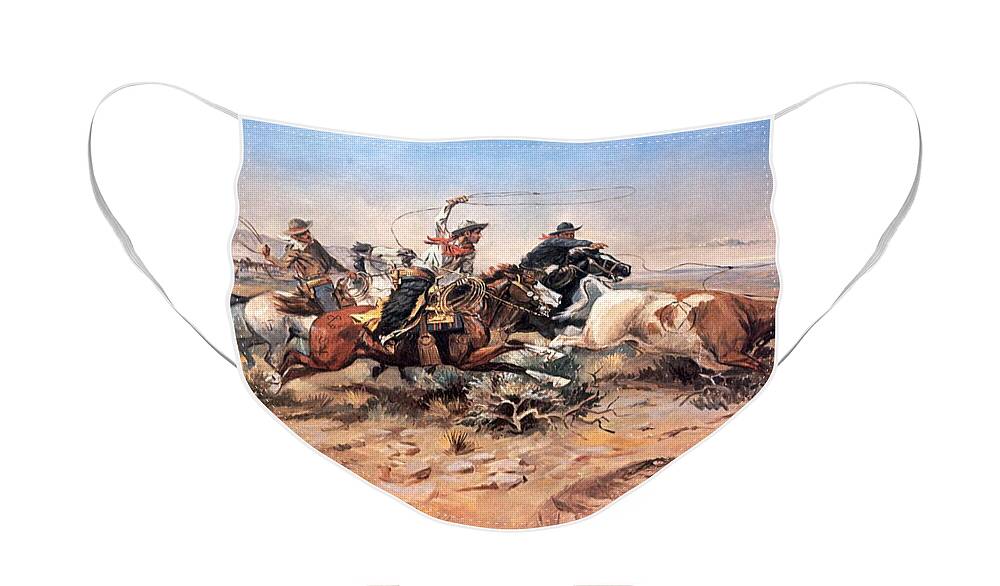 Cowboys Face Mask featuring the painting Cowboys roping a steer by Charles Marion Russell