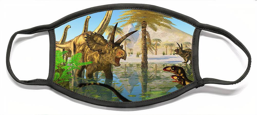 Coahuilaceratops Face Mask featuring the painting Cretaceous Swamp by Corey Ford