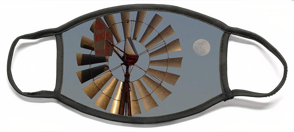 Windmill Face Mask featuring the photograph Dakota Windmill And Moon by Keith Stokes