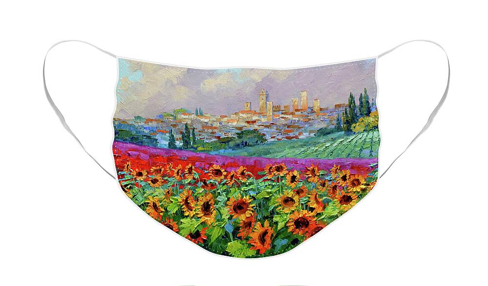 Sunflowers Face Mask featuring the painting Dancing in the Wind by Mikki Senkarik