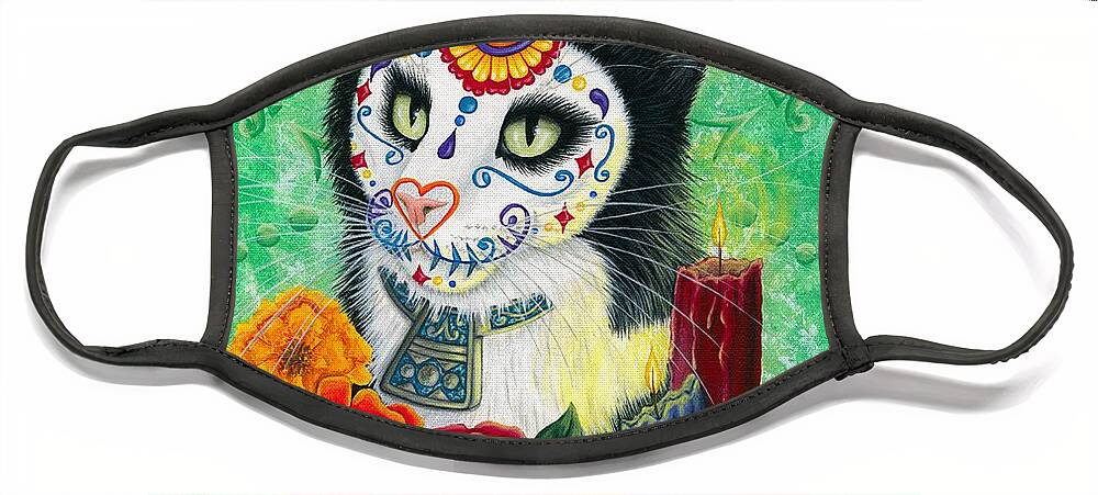 Dia De Los Muertos Gato Face Mask featuring the painting Day of the Dead Cat Candles - Sugar Skull Cat by Carrie Hawks