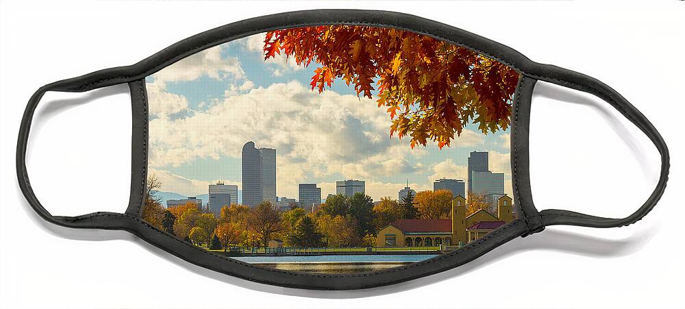 Denver Face Mask featuring the photograph Denver Skyline Fall Foliage View by James BO Insogna