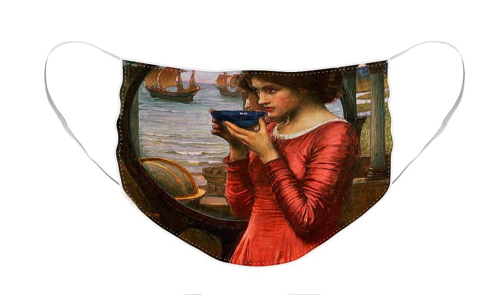 Boat; Globe; Poison; Blue Glass; Pre-raphaelite; Allegorical; Red Dress Face Mask featuring the painting Destiny by John William Waterhouse