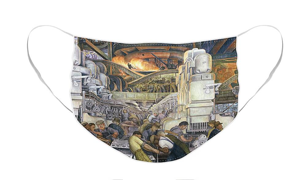 Machinery; Factory; Production Line; Labour; Worker; Male; Industrial Age; Technology; Automobile; Interior; Manufacturing; Work; Detroit Industry Face Mask featuring the painting Detroit Industry  North Wall by Diego Rivera