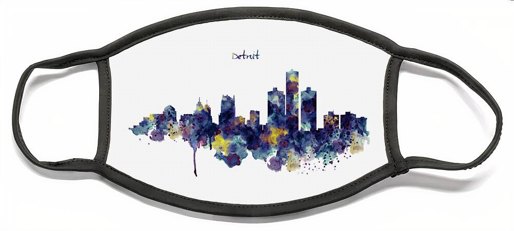 Detroit Face Mask featuring the painting Detroit Skyline Silhouette by Marian Voicu