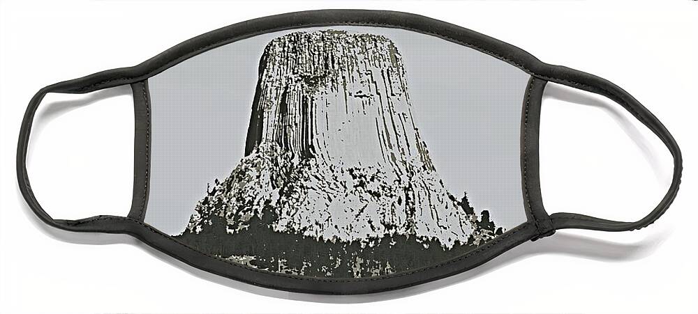 Devilstower Face Mask featuring the digital art Devils Tower Stamp by Troy Stapek