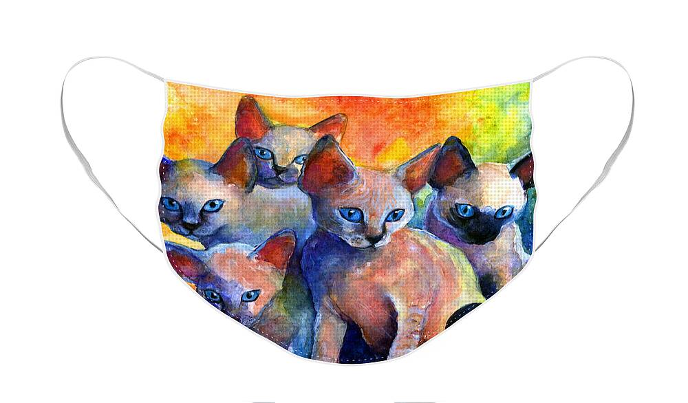 Kittens Face Mask featuring the painting Devon Rex kitten cats by Svetlana Novikova