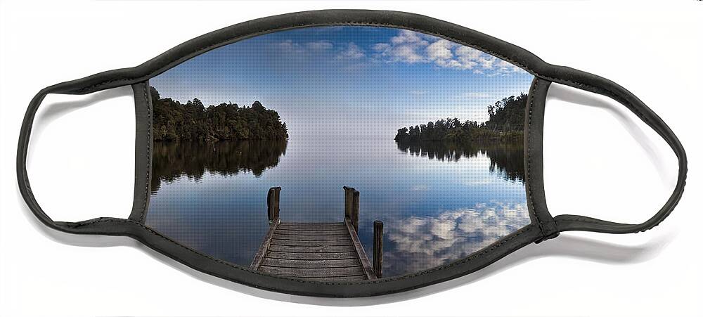 Hhh Face Mask featuring the photograph Dock In Misty Lake Mapourika Westland by Colin Monteath