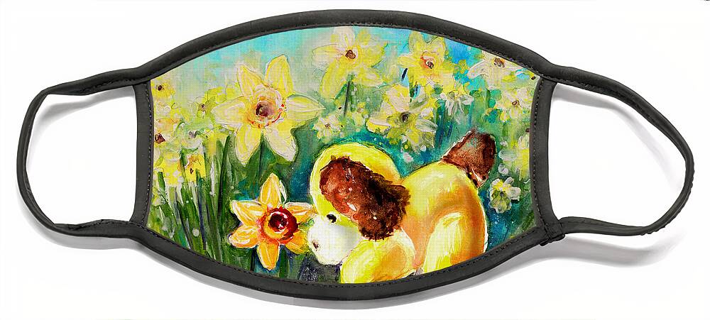 Animals Face Mask featuring the painting Doggy Daffodil by Miki De Goodaboom