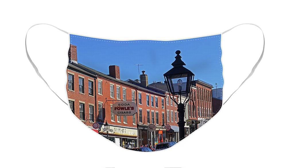 Newburyport Face Mask featuring the photograph Downtown Newburyport Market Street Soda Fowle's cigar sign by Toby McGuire