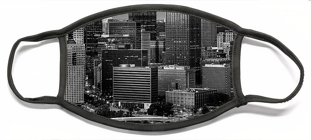 Pittsburgh Face Mask featuring the photograph Downtown Pittsburgh at Twilight - Black and White by Mitch Spence