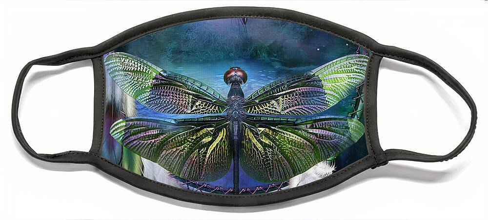 Carol Cavalaris Face Mask featuring the mixed media Dream Catcher - Spirit Of The Dragonfly by Carol Cavalaris