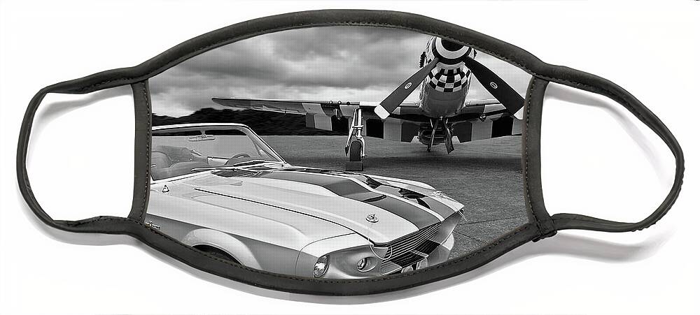 Old Ford Mustang Face Mask featuring the photograph Eleanor Mustang with P51 Black and White by Gill Billington