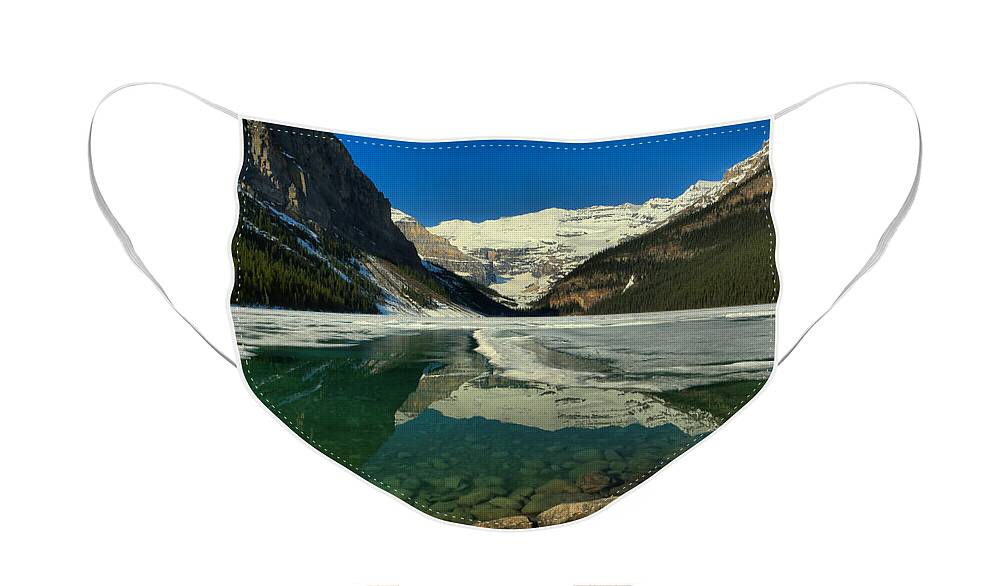 Lake Louise Face Mask featuring the photograph Emerald Blue Lake Louise Spring Waters by Adam Jewell