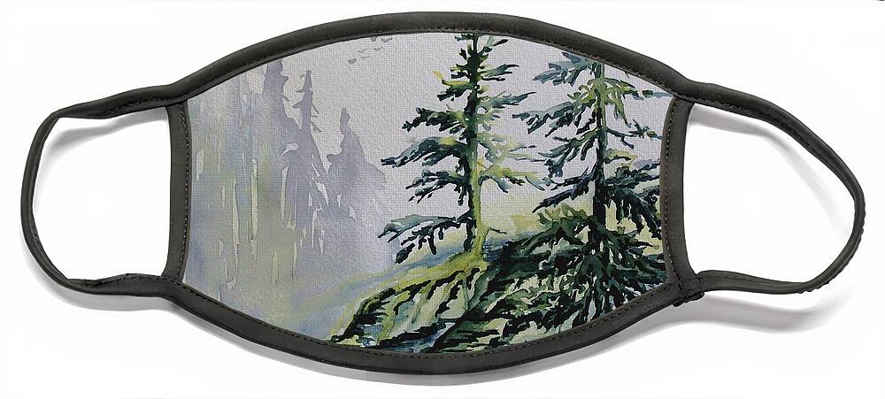 Watercolor Evergreens Face Mask featuring the painting Evergreens in the Mist by Jo Smoley