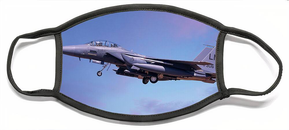 Usaf Face Mask featuring the photograph F15 coming into land lowering landing gear by Simon Bratt