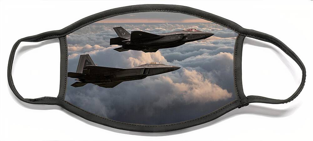 F35 And F22 Face Mask featuring the digital art F22 with F35 by Airpower Art