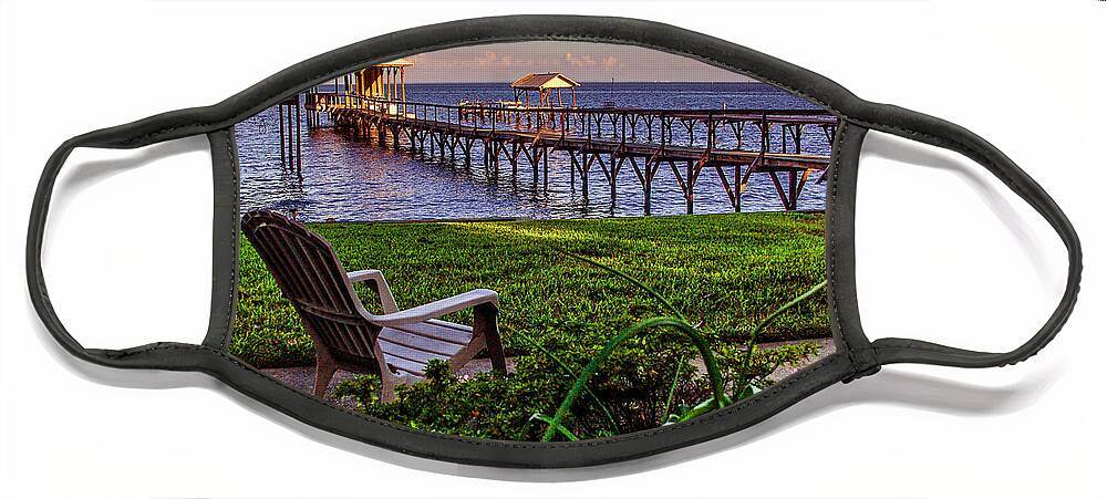 Fairhope Face Mask featuring the photograph Fairhope Pier and Chair View of Mobile Bay by Michael Thomas