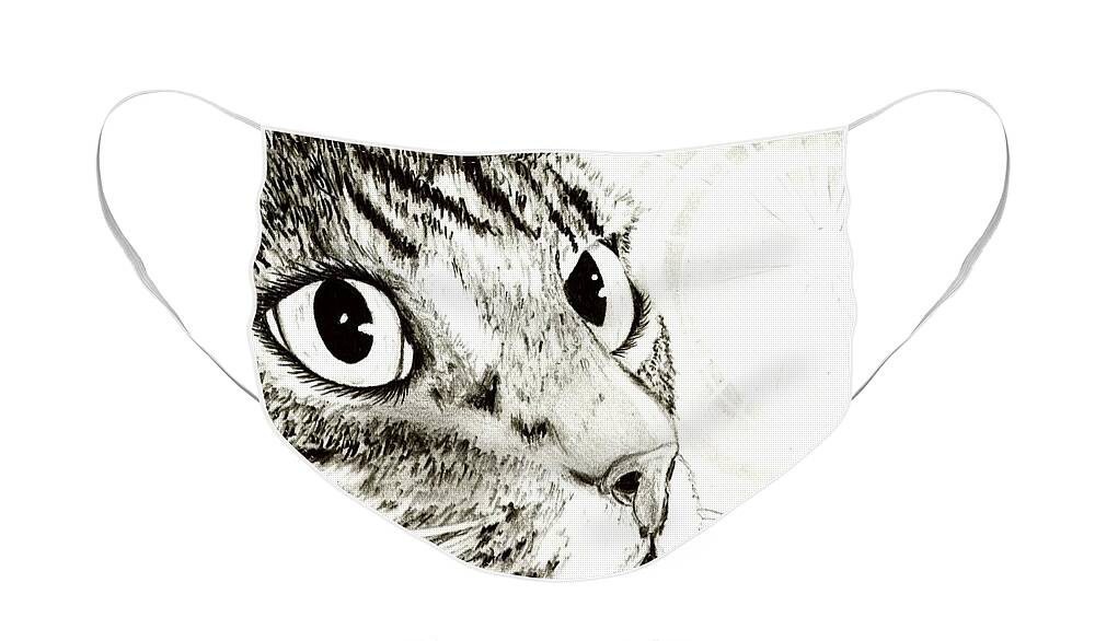 Cat Face Mask featuring the drawing Fairy Light Tabby Cat Drawing by Carrie Hawks