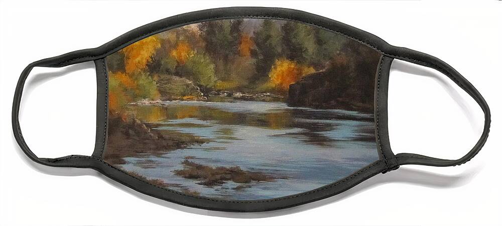 Landscape Face Mask featuring the painting Fall at Colliding Rivers by Karen Ilari