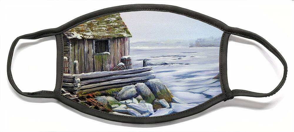 Seascape Face Mask featuring the painting Fish Shack In Winter by Wayne Enslow